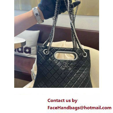 Chanel Aged Shiny Lambskin, Crystal Pearls  &  Black Metal Shopping Bag AS4222 2023